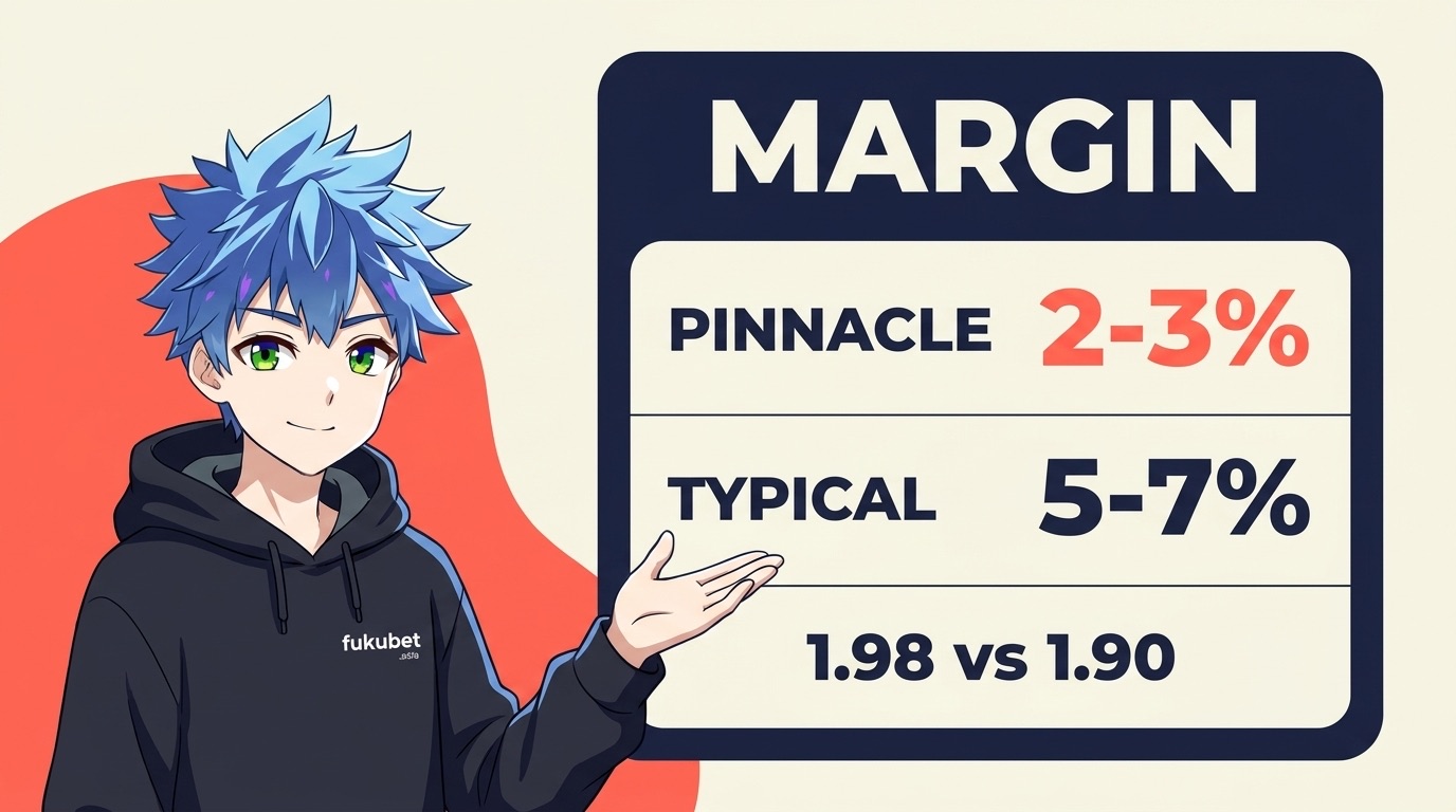 ピナクルのマージンは主要マーケットで約2〜3%、一般的なブックメーカーは約5〜7%。同じ試合でオッズ1.98と1.90の差になる