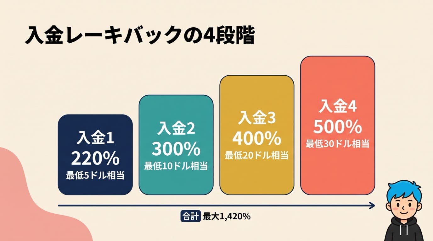 クイーンカジノの入金レーキバック4段階：入金1が220%、入金2が300%、入金3が400%、入金4が500%、合計で最大1,420%