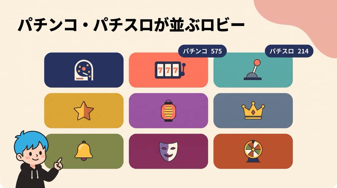 クイーンカジノのロビーに並ぶパチンコ575タイトルとパチスロ214タイトルのイメージ