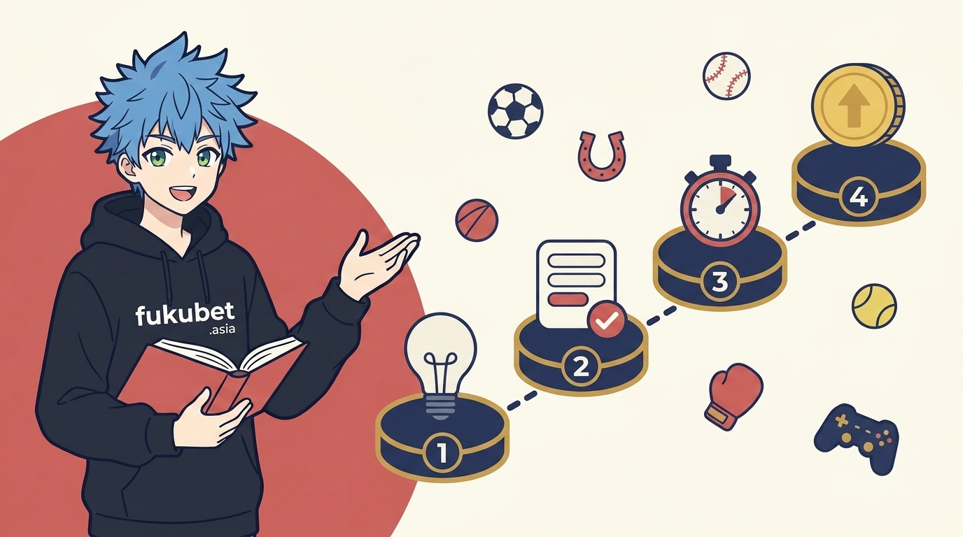 スポーツベッティングの学習ステップと競技別ガイドを案内するフクちゃん