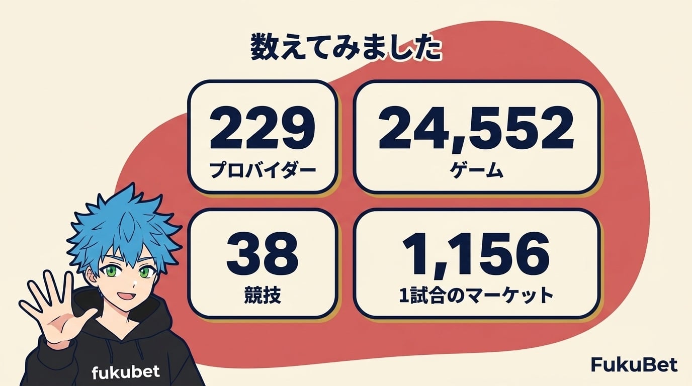 1xBetを実測した数字—プロバイダー229社、ゲーム24,552本、競技38、1試合あたりのマーケット1,156—を並べた図とフクちゃん