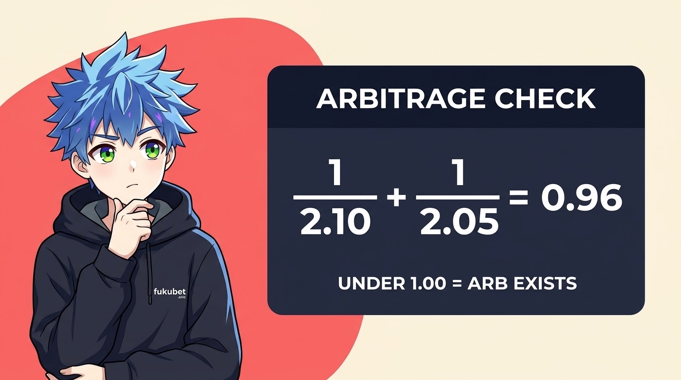 アーブ率の計算式(1÷2.10+1÷2.05=0.96、1未満ならアービトラージ成立)を示した図