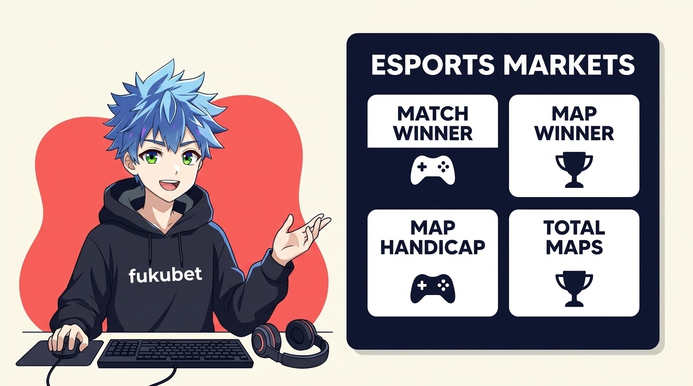 eスポーツの主な賭け方(マッチウィナー・マップウィナー・マップハンディキャップ・トータルマップ)を示すボードとフクちゃん