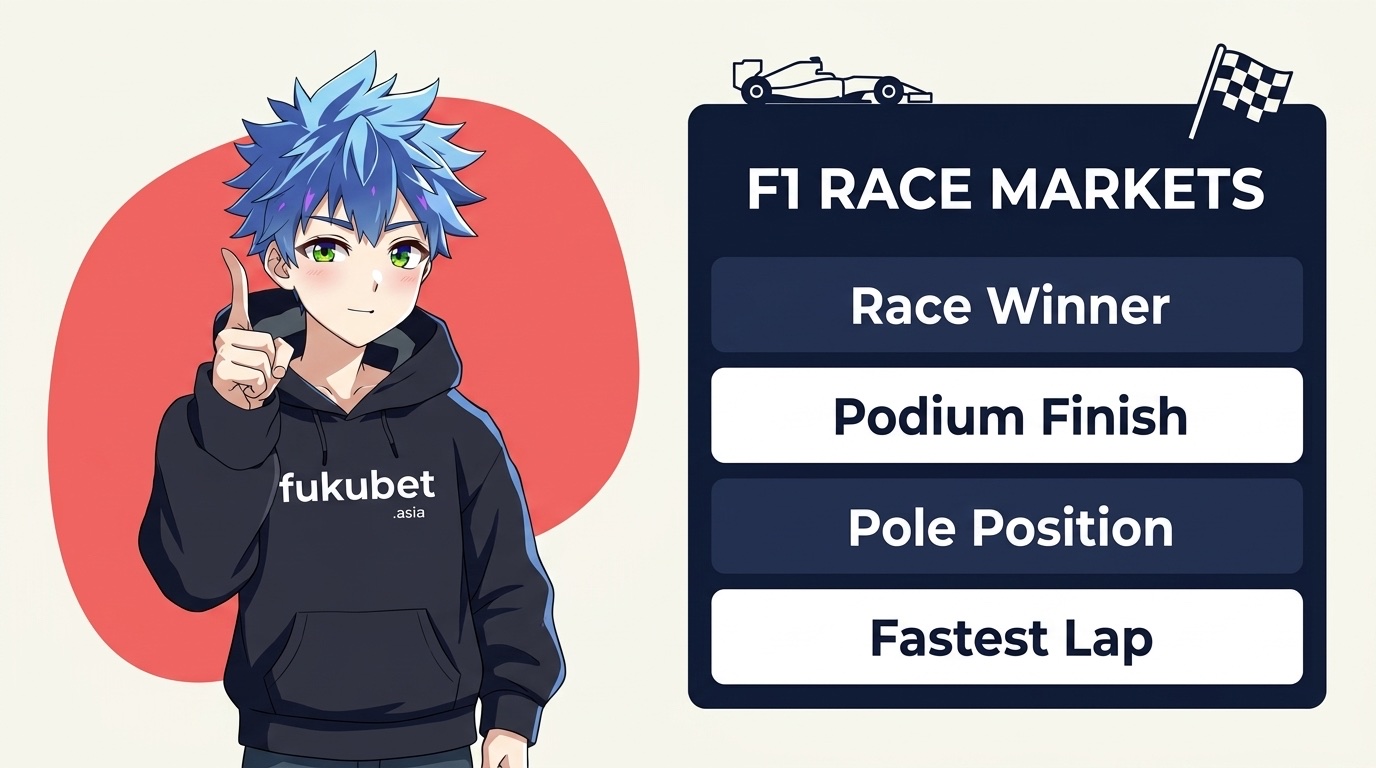 F1の主な賭け方(レース勝者・表彰台・ポールポジション・ファステストラップ)を示すボードとフクちゃん
