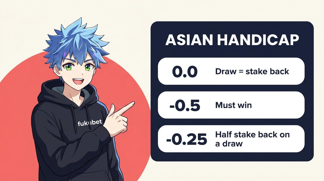 アジアンハンディキャップ（0.0・-0.5・-0.25）の的中条件を説明するボードとフクちゃん