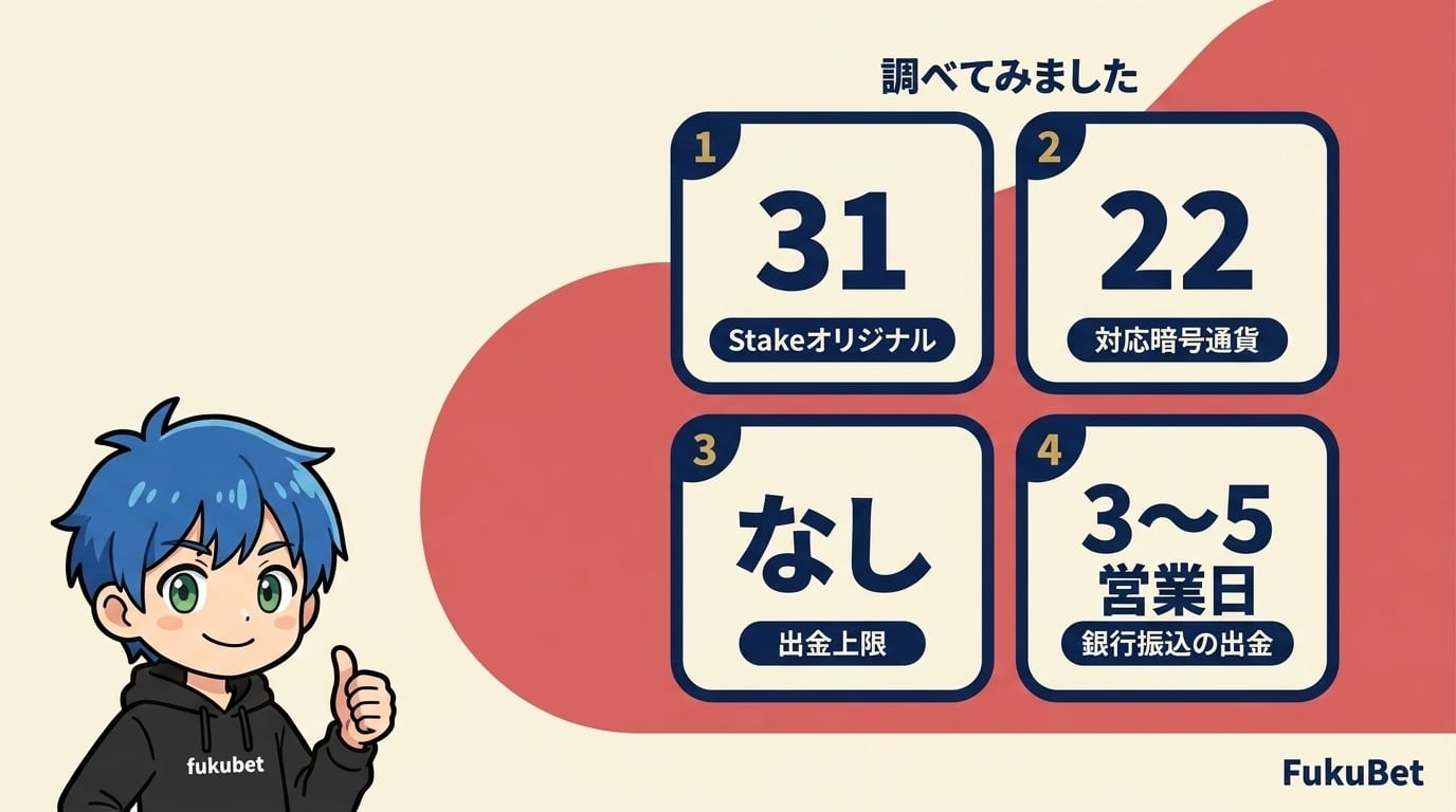 Stakeを実測した数字—プロバイダー個別ページ、Stakeオリジナル31本、対応暗号通貨22銘柄、銀行振込の出金3〜5営業日—を並べた図とフクちゃん