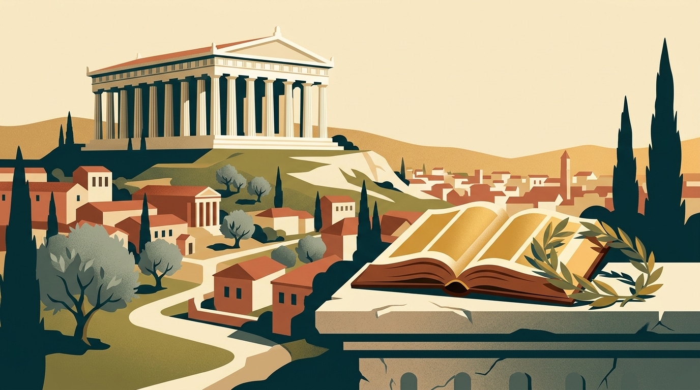 ブックオブ99のテーマである古代ギリシャの神殿と光る本