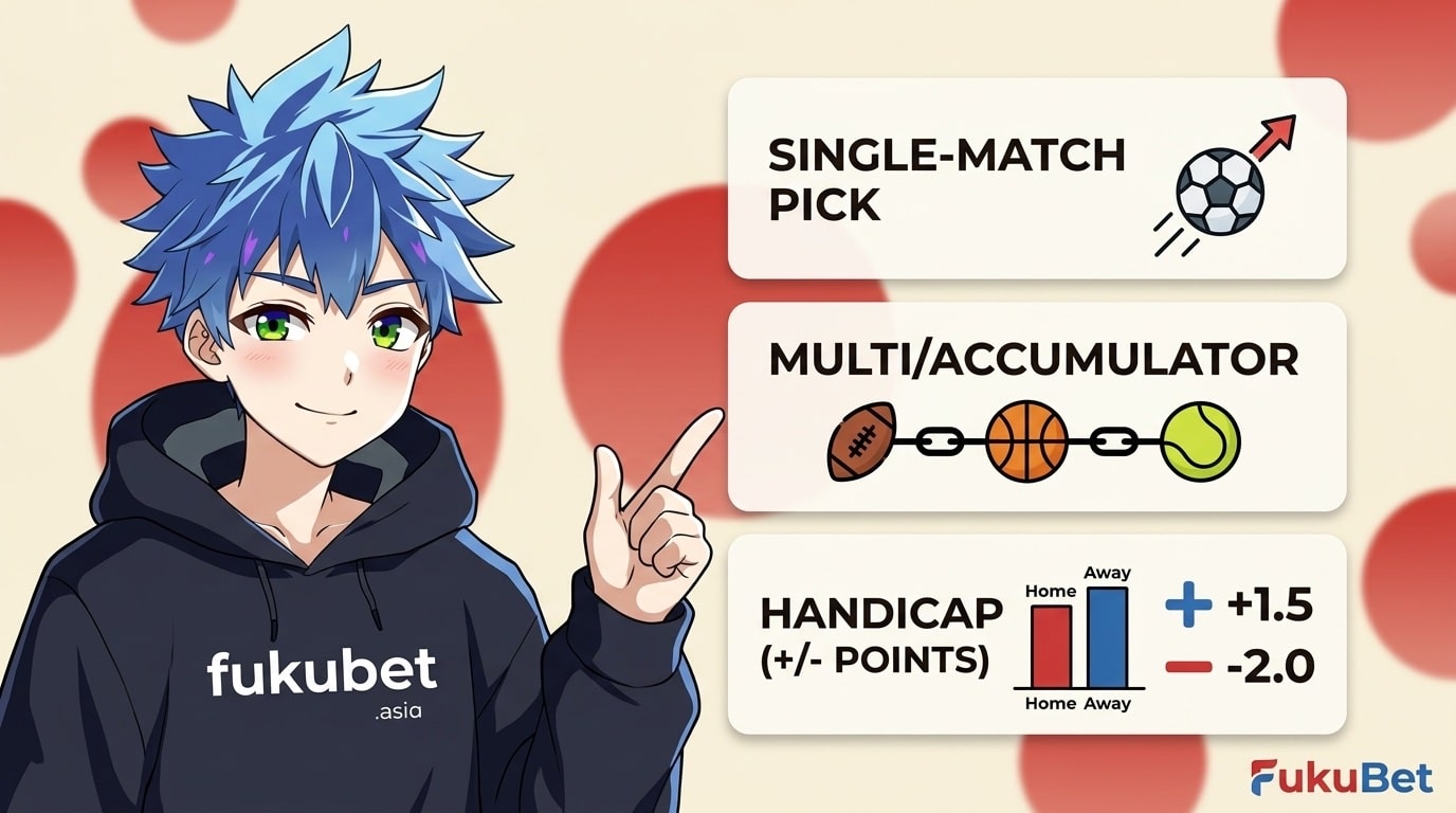 ブックメーカーの主な賭け方(ベットの種類)を説明するフクちゃん