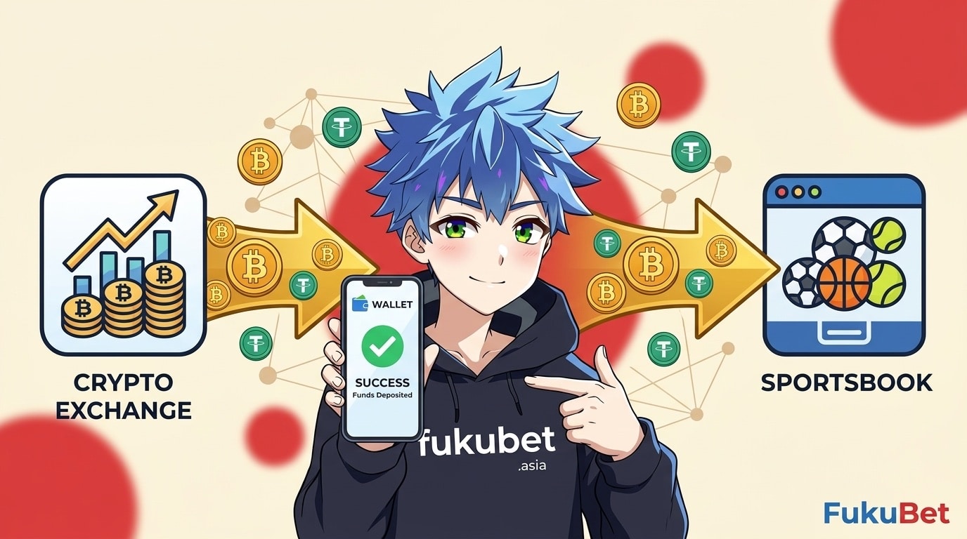 仮想通貨で取引所からブックメーカーへ入金する流れを説明するフクちゃん