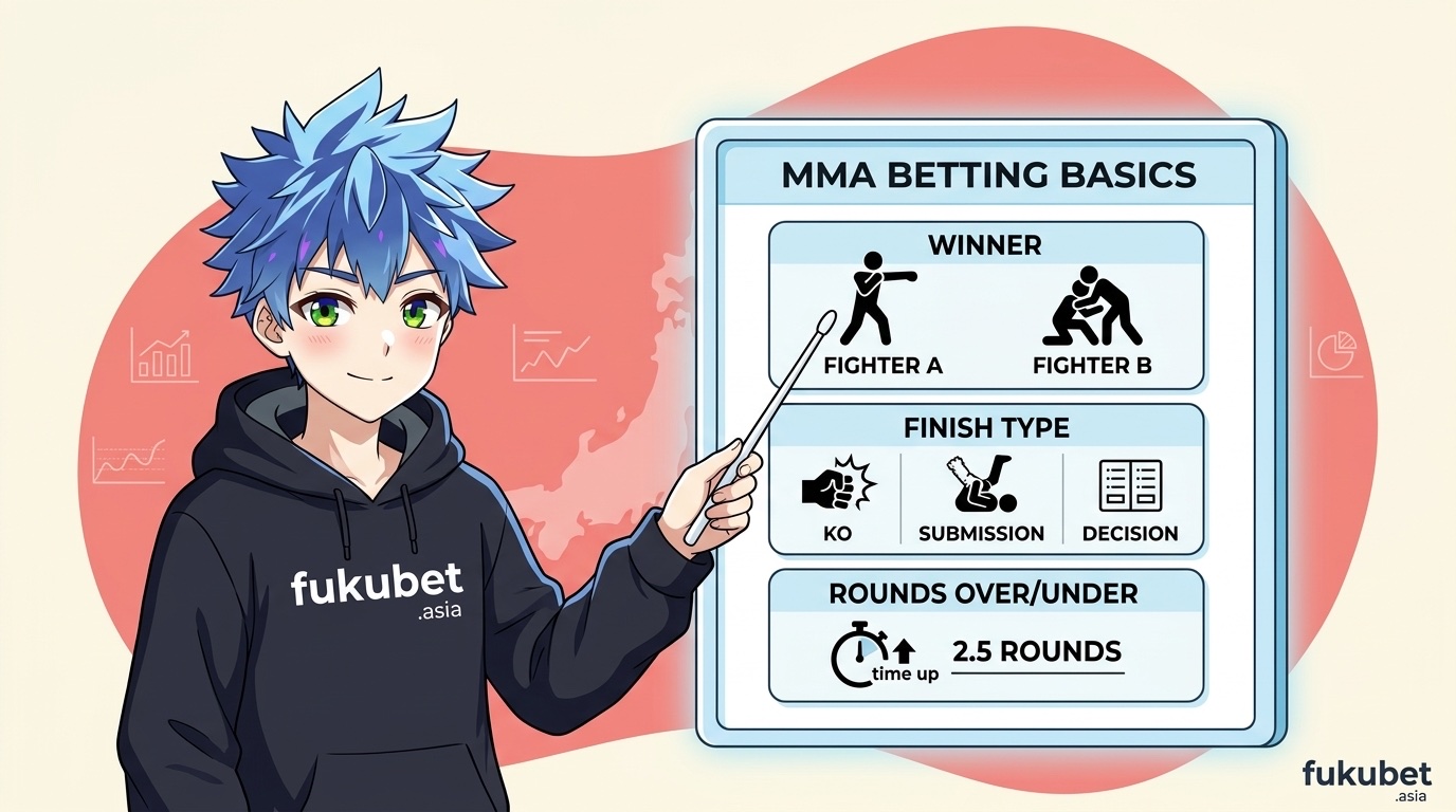 RIZIN・MMAのブックメーカーで賭けられる主なマーケット(勝敗・決着方法・ラウンド)を解説するフクちゃん
