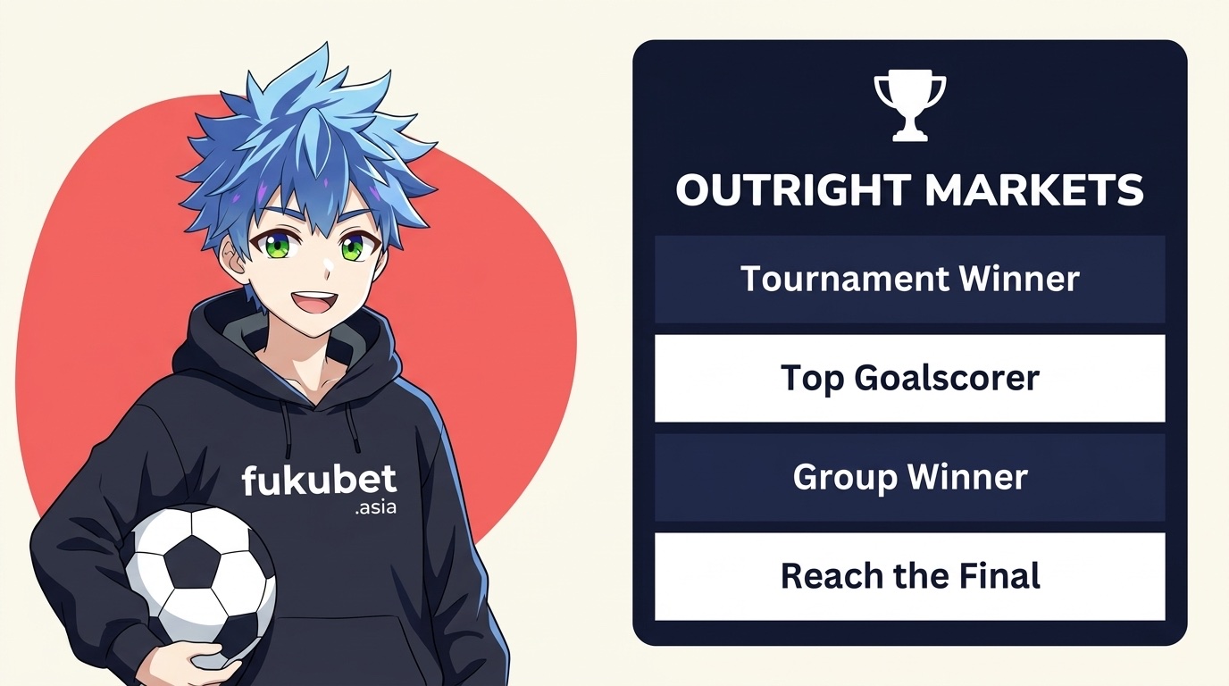 ワールドカップのアウトライト(優勝国・得点王・グループ1位・決勝進出)を示すボードとフクちゃん