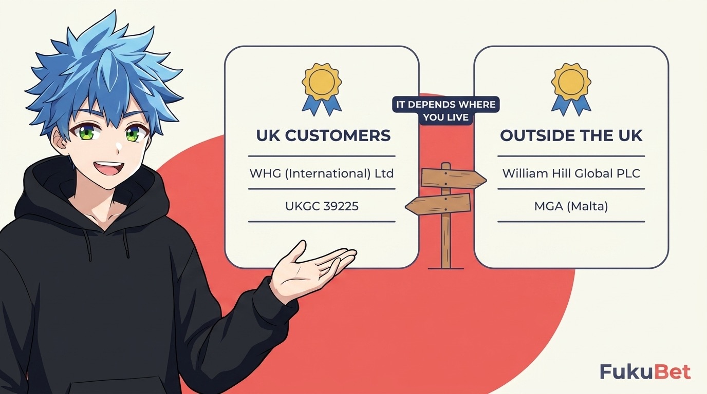 William Hillの運営会社は居住地で異なる:英国の利用者はWHG (International) LtdとUKGCライセンス39225、英国外の利用者はWilliam Hill Global PLCとマルタMGAライセンス