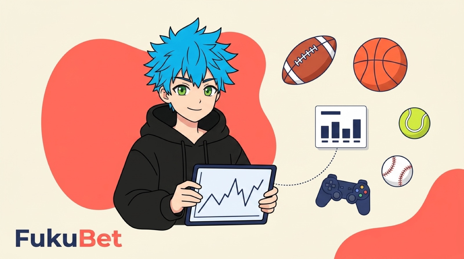 フクベットによるBetWinnerのレビュー。アメリカンフットボール・バスケットボール・テニス・野球・eスポーツのアイコンと、オッズの推移を示すグラフ