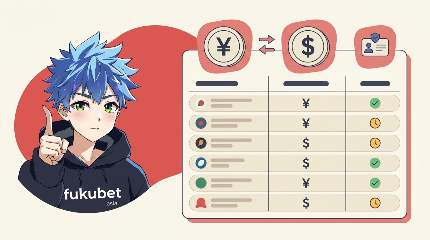 ブックメーカーごとの口座通貨と出金条件を比較するフクちゃん