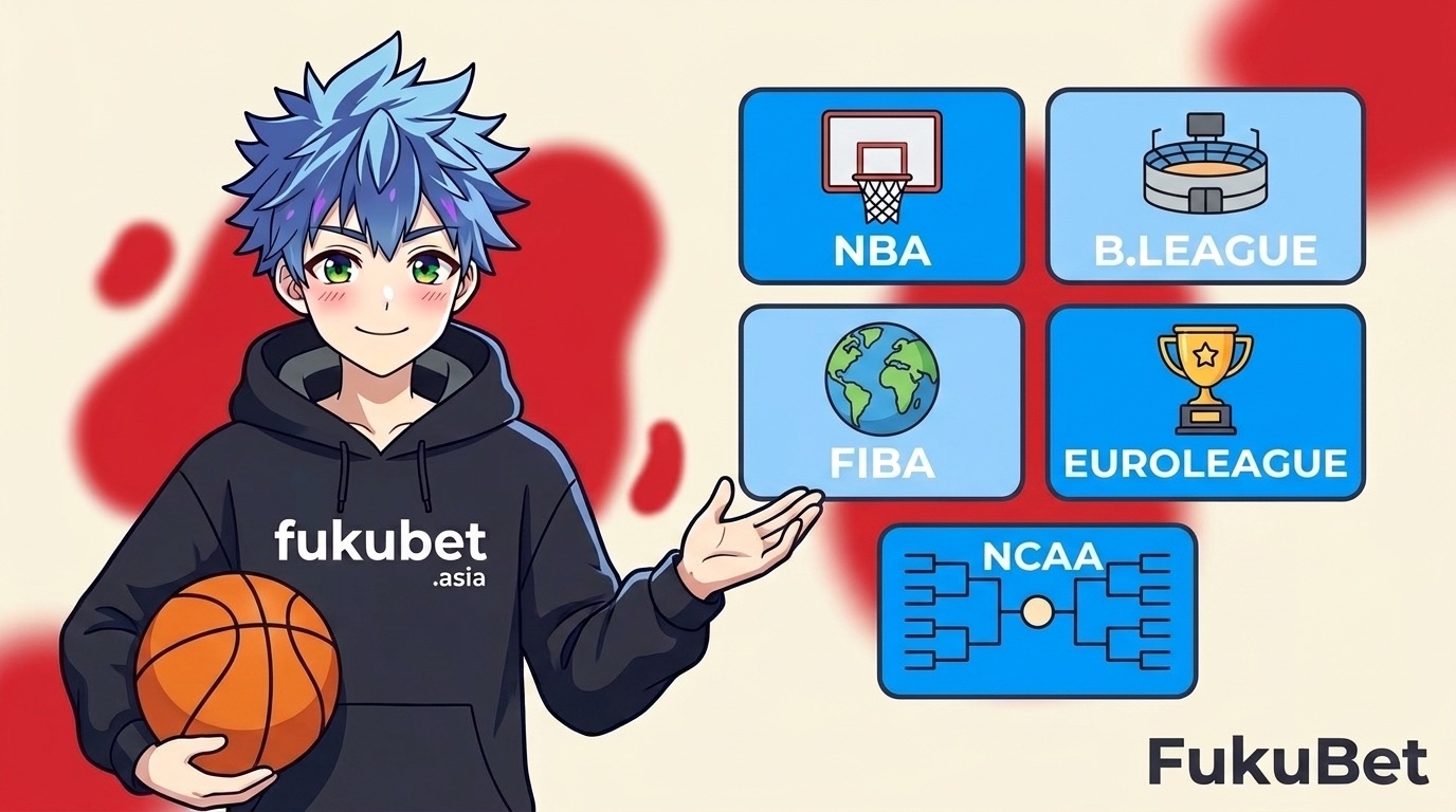 バスケベッティングの対象リーグ(NBA・B.LEAGUE PREMIER・FIBA・ユーロリーグ・NCAA)を並べた図とフクちゃん