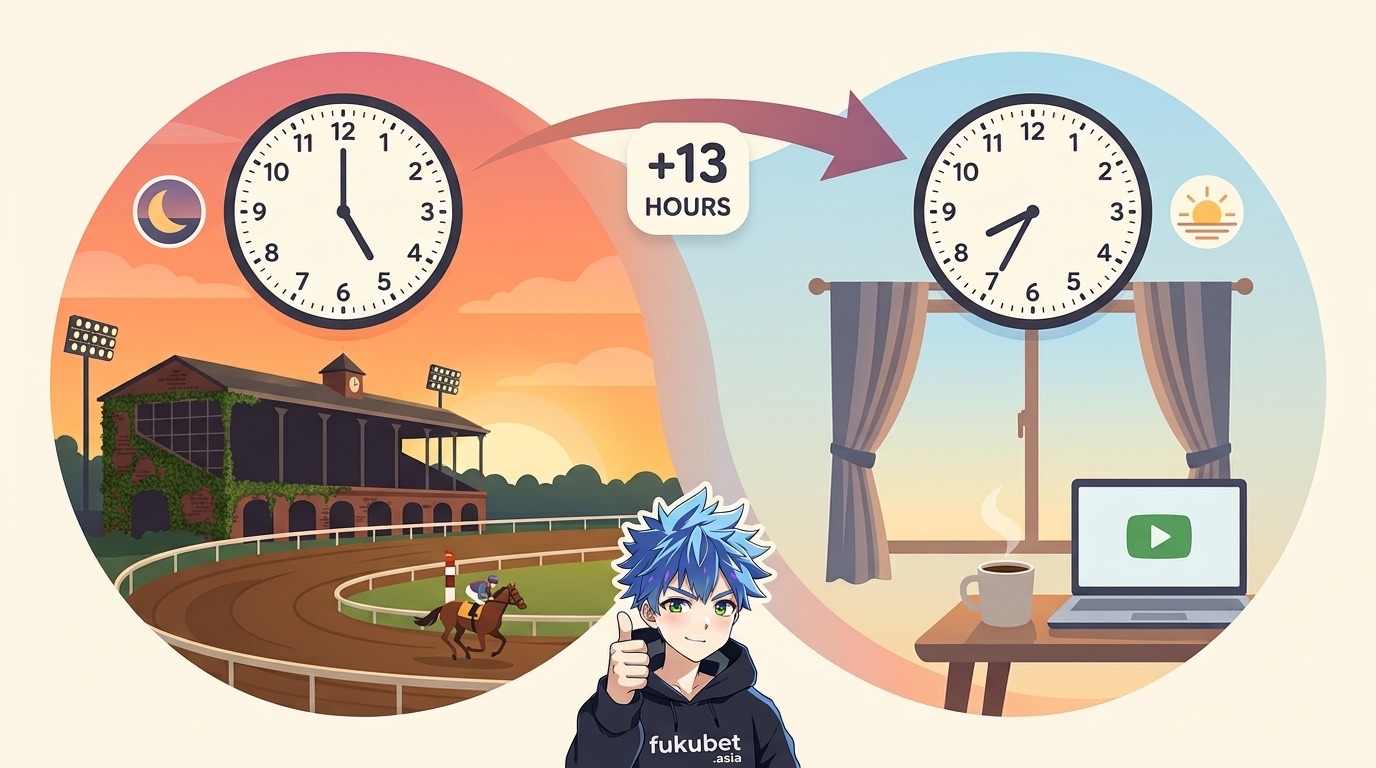 ブリーダーズカップの時差イメージ:アメリカの土曜夕方が日本時間の日曜朝になる(+13時間)ことを示す図とフクちゃん