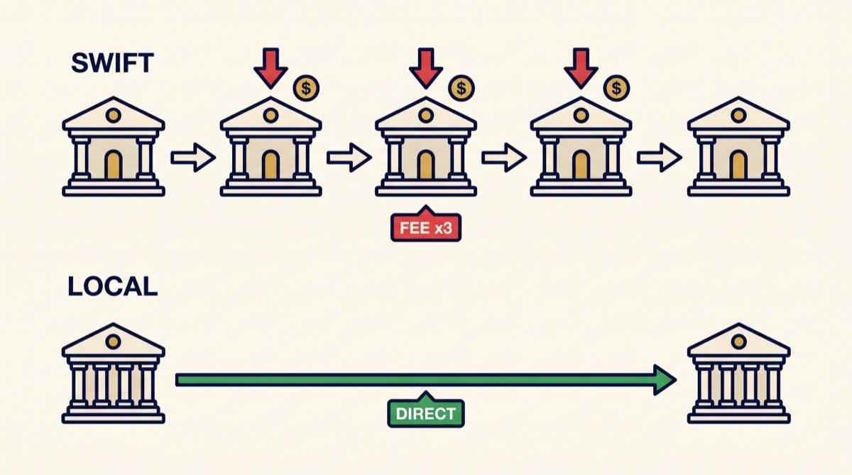 SWIFTの国際送金では中継銀行を経由するたびに手数料が差し引かれるのに対し、現地決済網では受取銀行まで直接届くことを比較した図