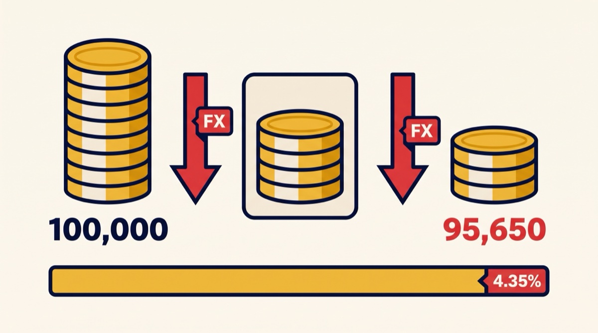10万円を入金して全額出金するあいだに両替が2回入り、片道2.20%なら手元に95,650円が残る(往復コスト4.35%)ことを示した図