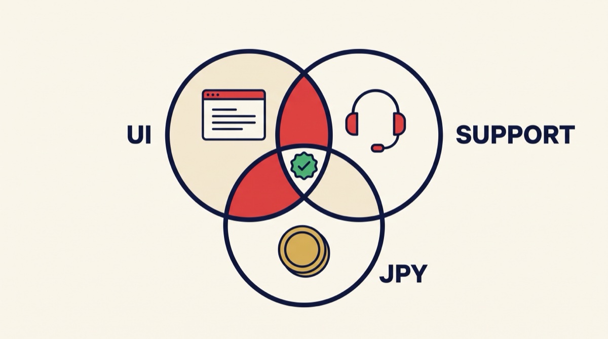 日本語対応をサイト表示(UI)・日本語サポート・日本円口座の3つに分けたベン図。3つがすべて重なる中央だけが完全対応であることを示す