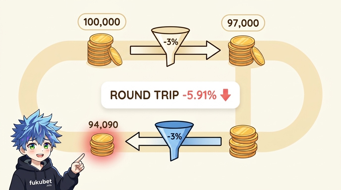 通貨換算コストが往復で2回かかり、10万円が94,090円に減る(往復5.91%)ことを示す図とフクちゃん