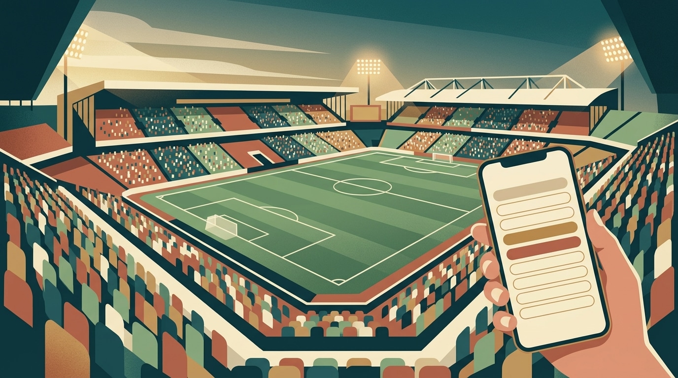 夕暮れのイングランドのサッカースタジアムとベットスリップを表示したスマートフォン