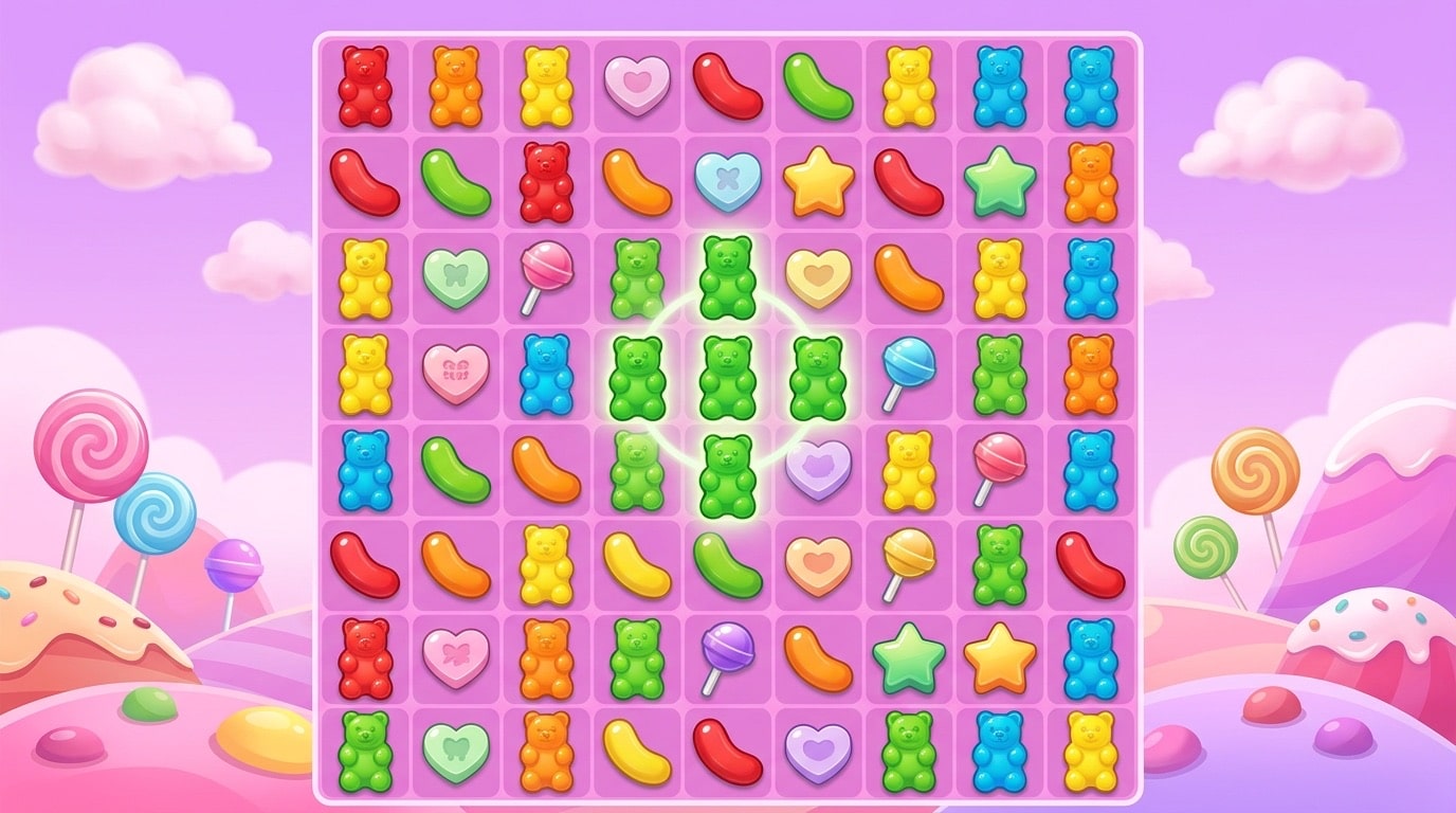 シュガーラッシュの7×7クラスターペイ盤面のイメージ(グミベアやゼリービーンズ)
