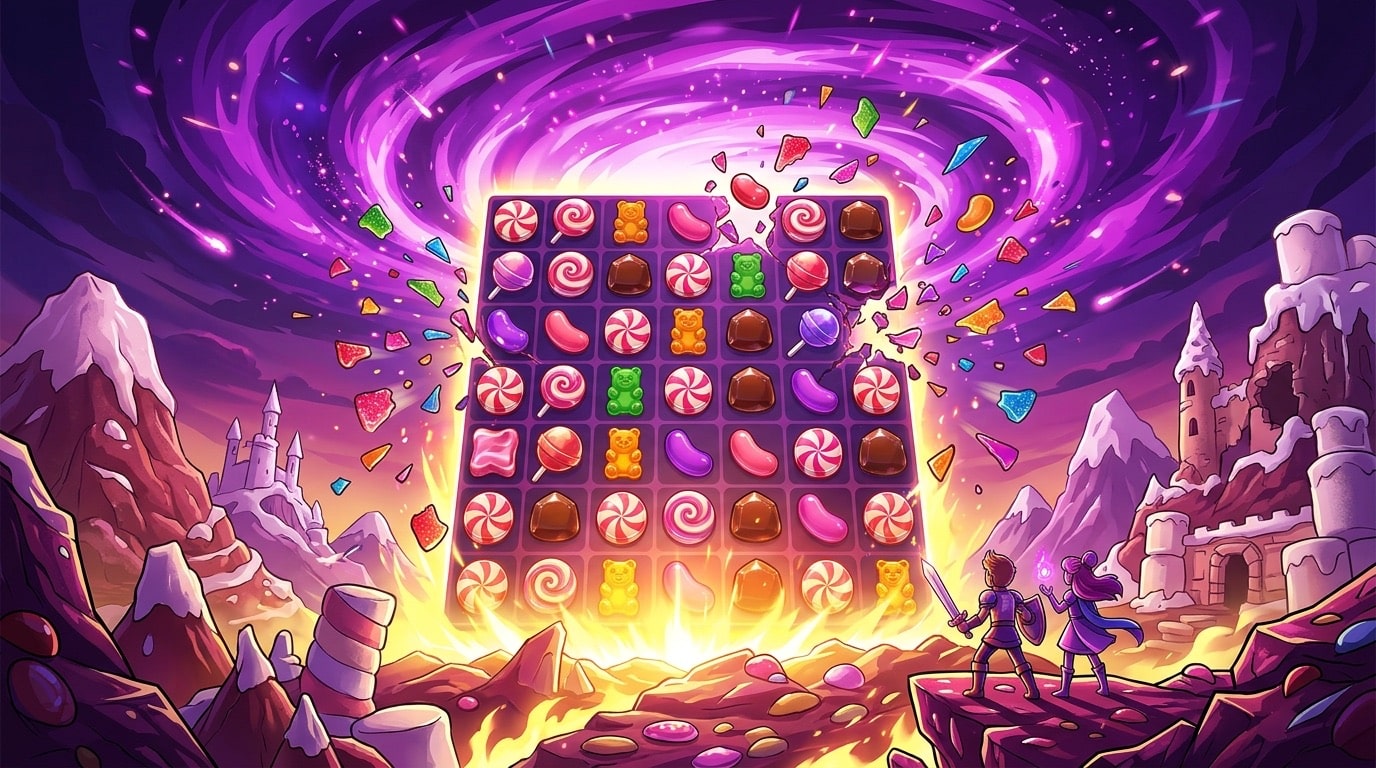 シュガーラッシュ1000のイメージ(7×7のお菓子の盤面と派手なエフェクト)