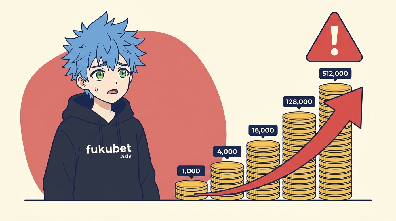 マーチンゲール法の賭け金が倍々に膨らむ様子に驚くフクちゃん