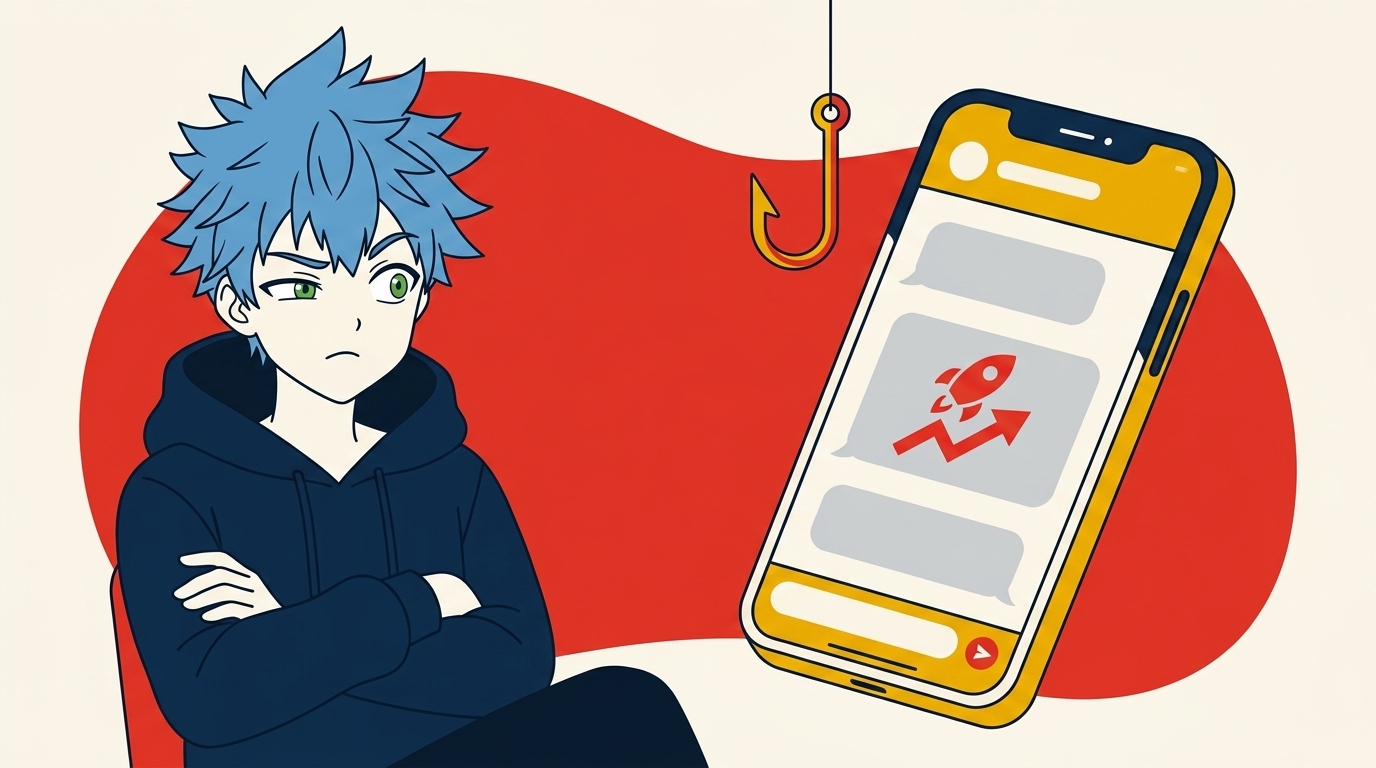 SNSのメッセージで届いた投資勧誘を警戒するフクちゃん