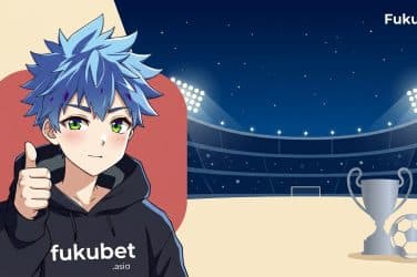フクちゃんとヨーロッパのサッカースタジアム、トロフィーを描いたチャンピオンズリーグベッティングガイドのバナー