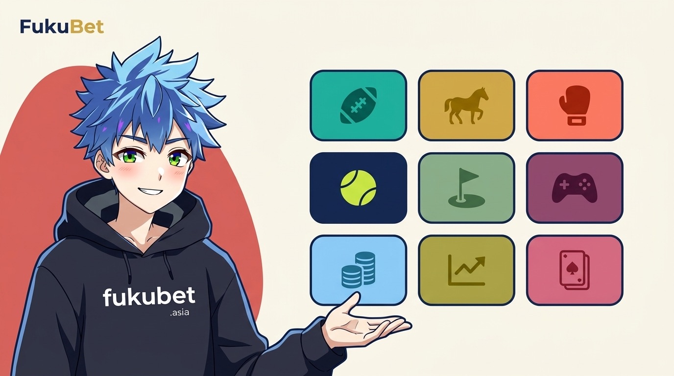 スポーツやオッズのアイコンが並ぶカードの一覧を手で示すフクちゃん