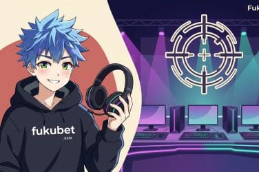 フクちゃんとeスポーツアリーナのステージを描いたVALORANTベッティングガイドのバナー