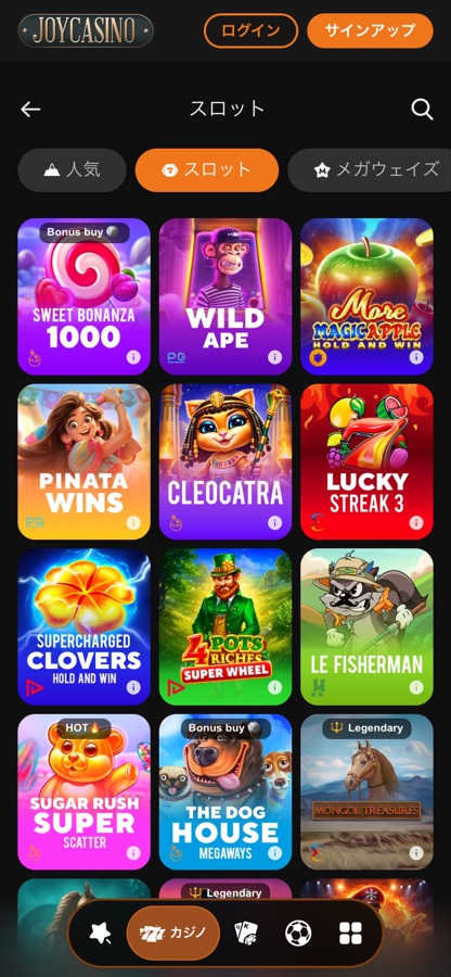 Joycasinoをスマートフォンのブラウザで開いたスロット一覧。下部にカジノ・テーブル・スポーツのタブバーが表示されている